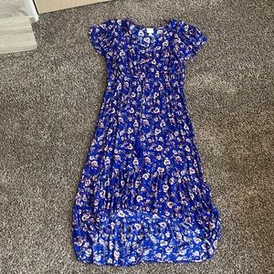 Blue maxi dress, slight high-low hem